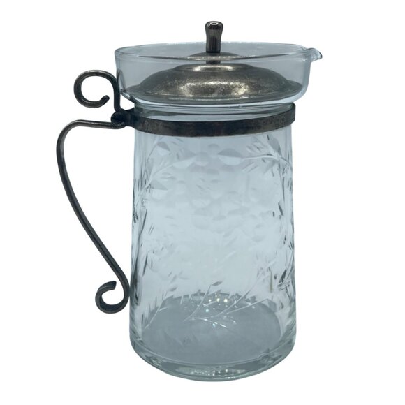 Antique Glass Syrup Pitcher With Floral Etch Silver plate Lid Handle - Picture 3 of 10